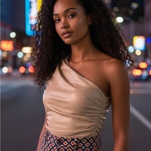 SHEINbae Beige One-Shoulder Top